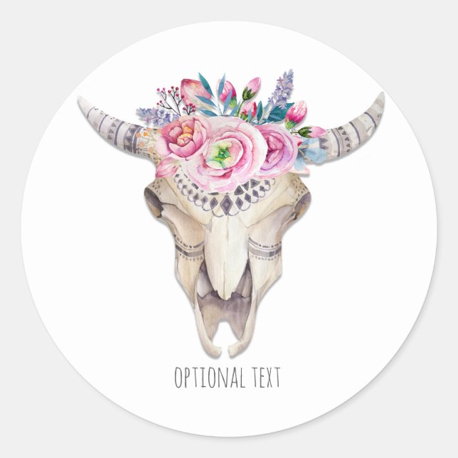 Rustic Floral Cow Skull Boho Chic Custom Favour Classic Round Sticker (Front)