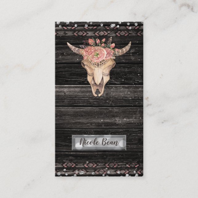 Rustic Floral Cow Skull Boho Chic Glam Custom Business Card (Front)