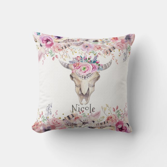 Rustic Floral Cow Skull Boho Chic Glam Custom Throw Pillow (Front)