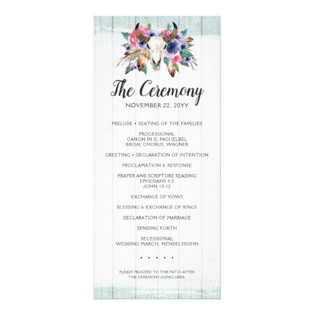 Rustic Floral Cow Skull Boho Chic Wedding Program (Front)