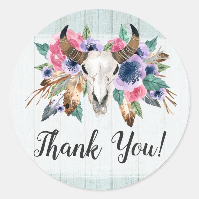 Rustic Floral Cow Skull Boho Chic Wood Thank You Classic Round Sticker (Front)