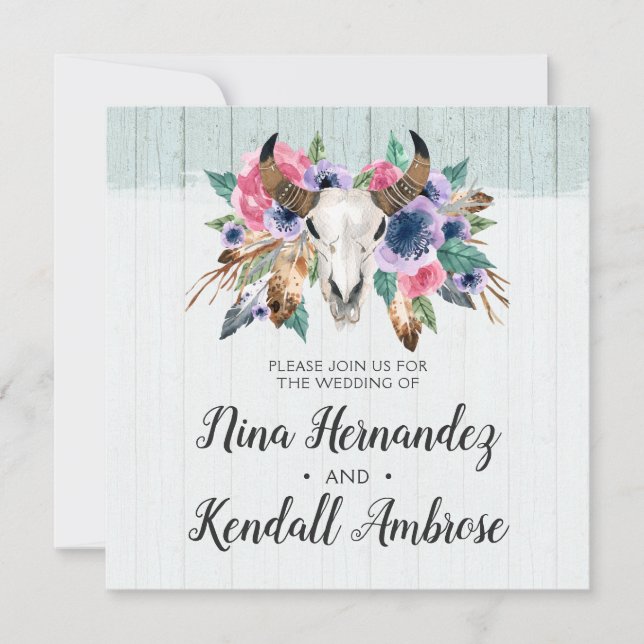 Rustic Floral Cow Skull Boho Wedding Invitation (Front)