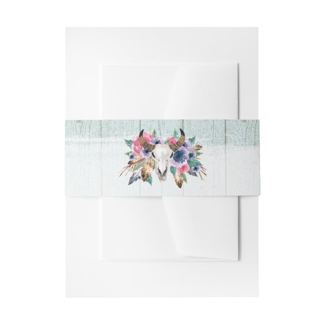Rustic Floral Cow Skull Boho Wedding Invitation Invitation Belly Band (Front Example)