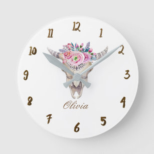 Rustic Floral Cow Skull Horns Girly Personalized Round Clock