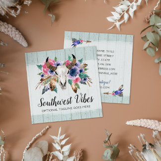 Rustic Floral Cow Skull Watercolor Wood Boho Chic Square Business Card