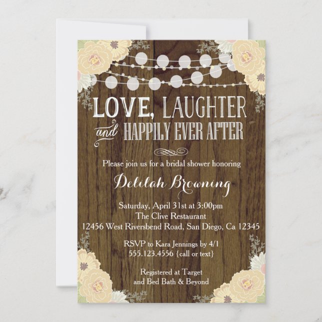 Rustic Floral Cream Wood Bridal Shower Invite (Front)