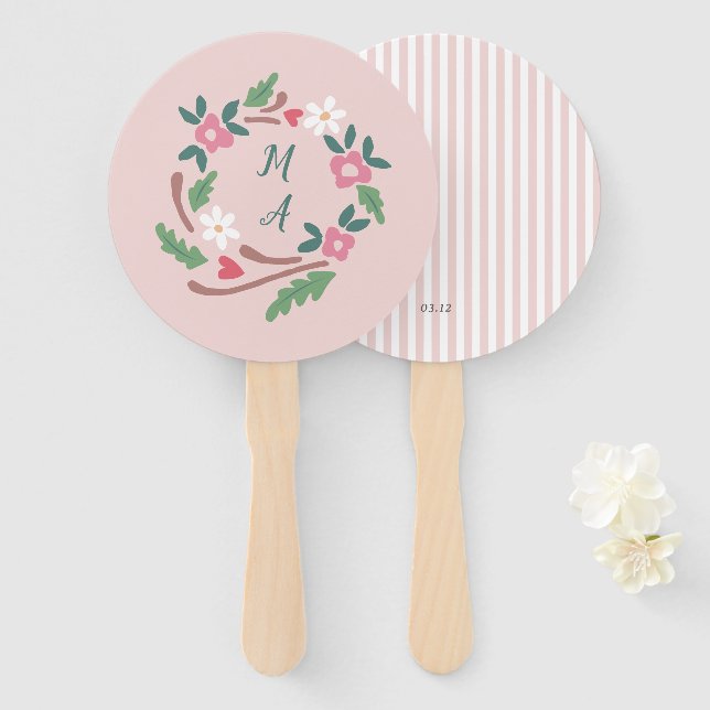 Rustic Floral Crest with Monogram Hand Fan (Front and Back)