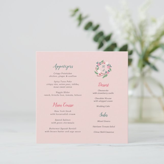 Rustic Floral Crest With Monogram Square Menu (Standing Front)