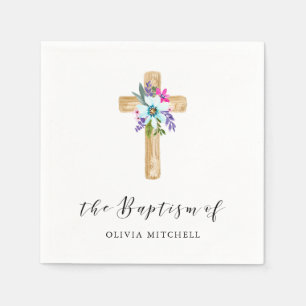 Rustic Floral Cross and Flowers   Baptism Napkin