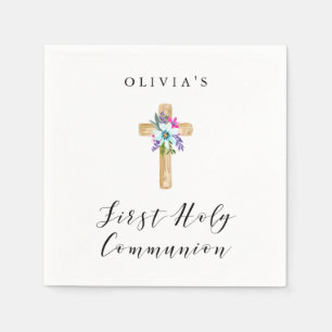 Rustic Floral Cross and Flowers   First Communion Napkin