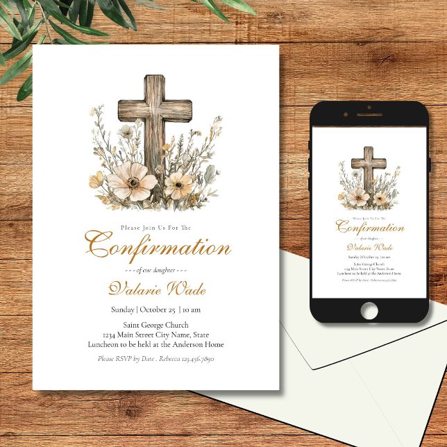Rustic Floral Cross Girls Confirmation Invitation (Creator Uploaded)
