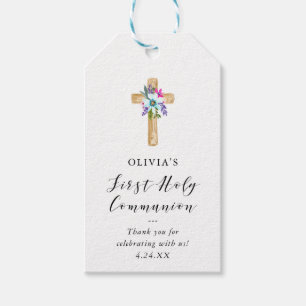 Rustic Floral Cross Kraft Look   First Communion Gift Tags