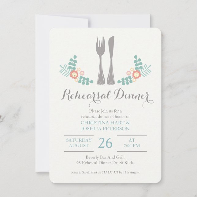 Rustic Floral Cutlery Rehearsal Dinner Invitation (Front)