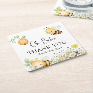 Rustic Floral Daisy Oh Babee Honey Bee Baby Shower Square Paper Coaster