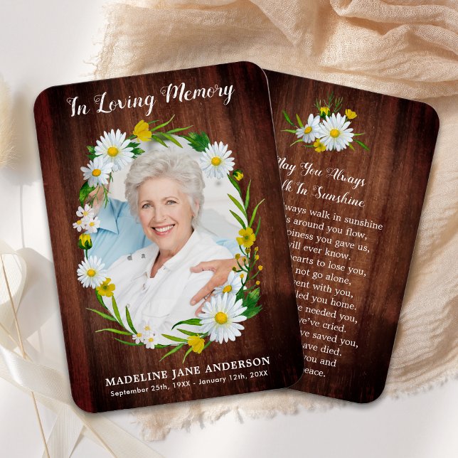 Rustic Floral Daisy Photo Memorial Prayer Card (Creator Uploaded)