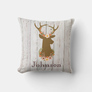 Rustic Floral Deer Buck Antlers On Wood Throw Pillow