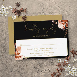 Rustic Floral Elegant Black And Gold Wedding RSVP Card