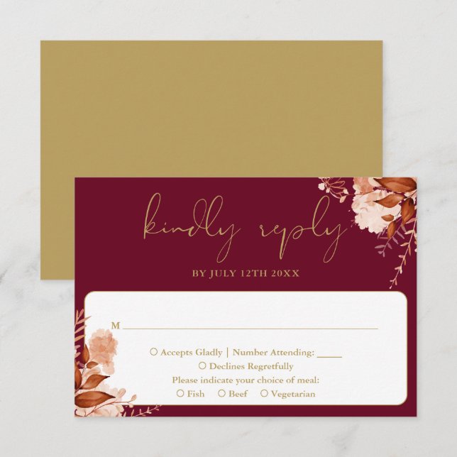 Rustic Floral Elegant Burgundy And Gold Wedding RSVP Card (Front/Back)