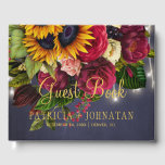 Rustic floral elegant navy burgundy winter wedding guest book<br><div class="desc">Rustic country vintage traditional style personalized guest book with big yellow gold sunflowers, red burgundy marsala roses, and strings of twinkle white lights on a dark midnight navy blue chalkboard background and with an elegant gold typography script. Ideal for winter or autumn fall | elegant vintage rustic country | late...</div>