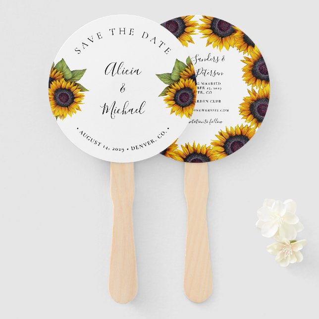 Rustic floral elegant script wedding save date hand fan (Front and Back)