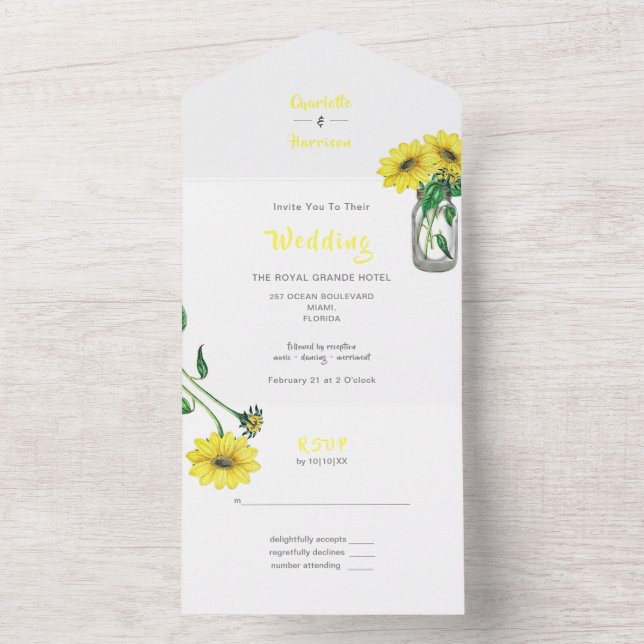 Rustic Floral Elegant Sunflower Wedding All In One All In One Invitation (Inside)
