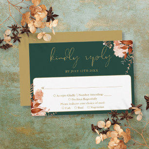 Rustic Floral Emerald Green And Gold Wedding RSVP Card