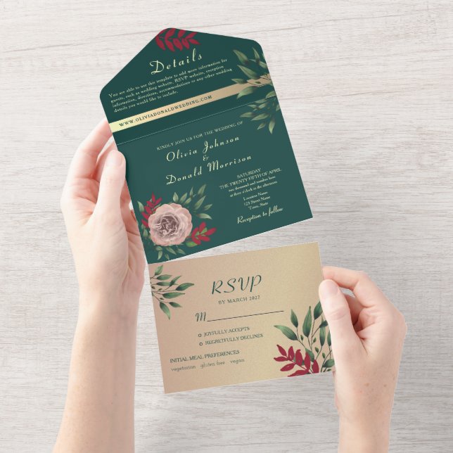 Rustic Floral Emerald Green Wedding All In One Invitation (Tearaway)