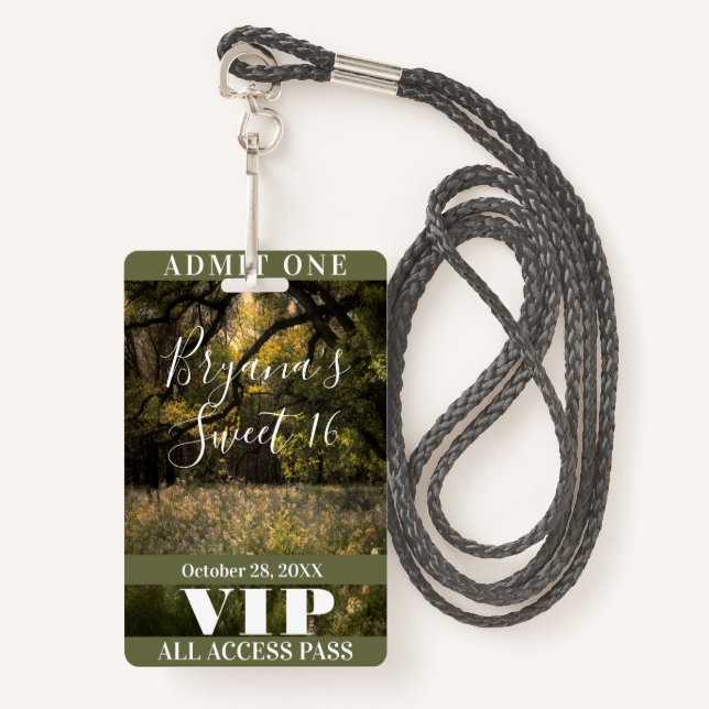 Rustic Floral Enchanted Forest Sweet 16 VIP Badge (Front with Lanyard)