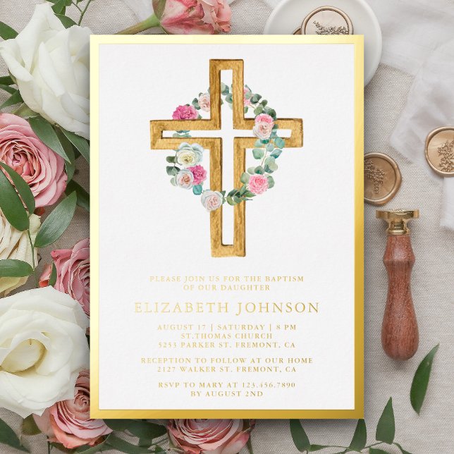 Rustic Floral Eucalyptus Wood Cross Baptism Gold (Creator Uploaded)