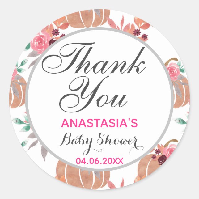 Rustic Floral Fall Autumn Thank You Baby Shower Classic Round Sticker (Front)