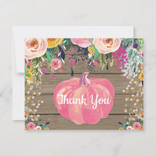 Rustic Floral Fall Pumpkin Pink Gold Glitter Thank You Card