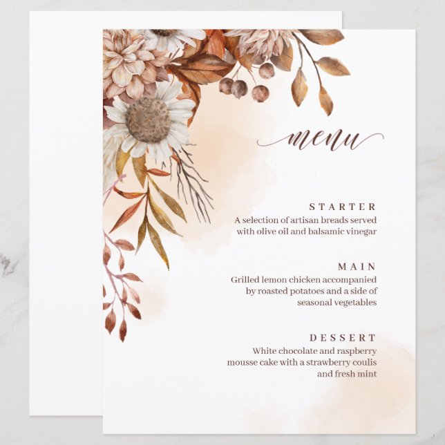 Rustic Floral Fall Wedding Menu (Front/Back)