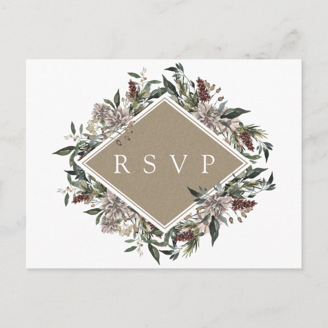 Rustic Floral Fall Winter Wedding RSVP Invitation Postcard (Front)