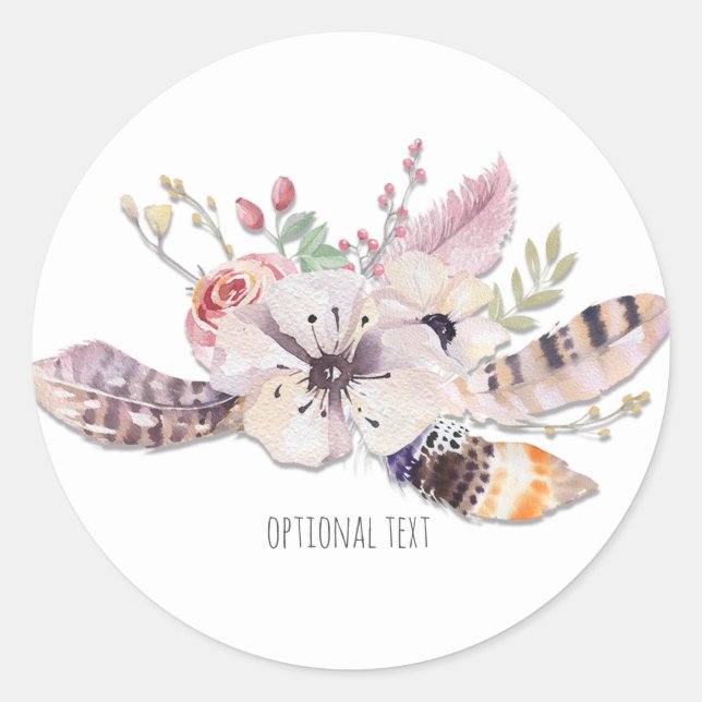 Rustic Floral & Feathers Boho Chic Custom Favour Classic Round Sticker (Front)