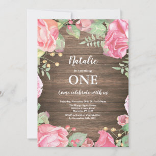 Rustic Floral First 1st Girl Birthday Invitation