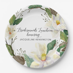 Rustic Floral Foliage White Magnolia Watercolor Paper Plate