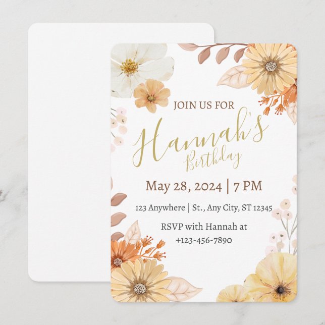 Rustic Floral For Women – Boho Fall Flowers Invitation (Front/Back)