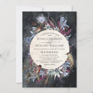 Rustic floral frame dark with birds invitation