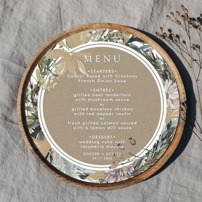 Rustic Floral Frame Fall Winter Wedding Circle Menu (Creator Uploaded)
