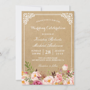 Rustic Floral Frame Kraft Wedding Celebration Invitation