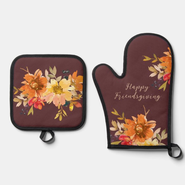 Rustic Floral Friendsgiving  Oven Mitt & Pot Holder Set (Front)