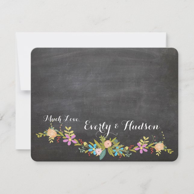 Rustic Floral Garland Chalkboard Wedding Thank You Card (Front)