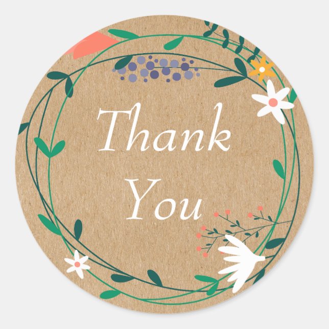 Rustic Floral Garland Wedding Thank You Favour Classic Round Sticker (Front)