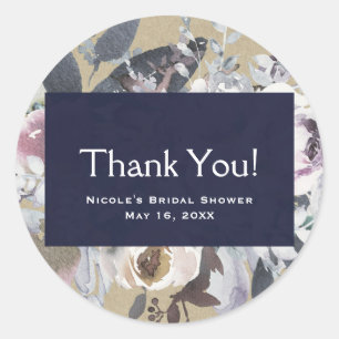 Rustic Floral Glam Navy Kraft Wedding Bridal Favou Classic Round Sticker