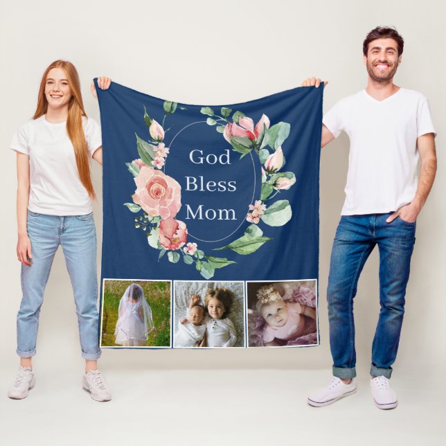 Rustic Floral God Bless Mom Mothers Day Photo Fleece Blanket (In Situ)