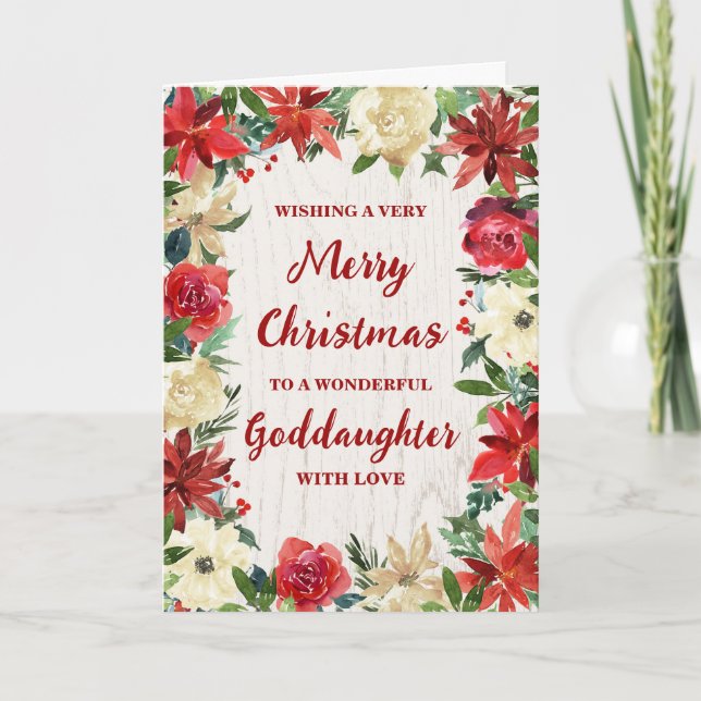 Rustic Floral Goddaughter Merry Christmas Card (Front)