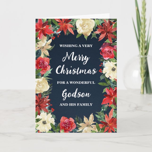 Rustic Floral Godson & Family Merry Christmas Card (Front)