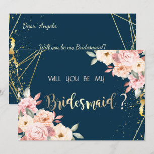 Rustic Floral, Gold Navy Blue Bridesmaid Card