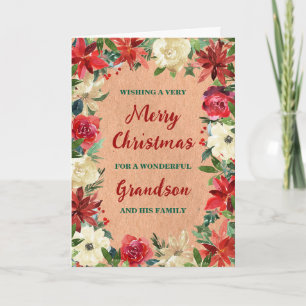 Rustic Floral Grandson & Family Merry Christmas Card