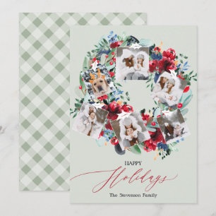 Rustic floral green 6 photo Christmas wreath happy Holiday Card